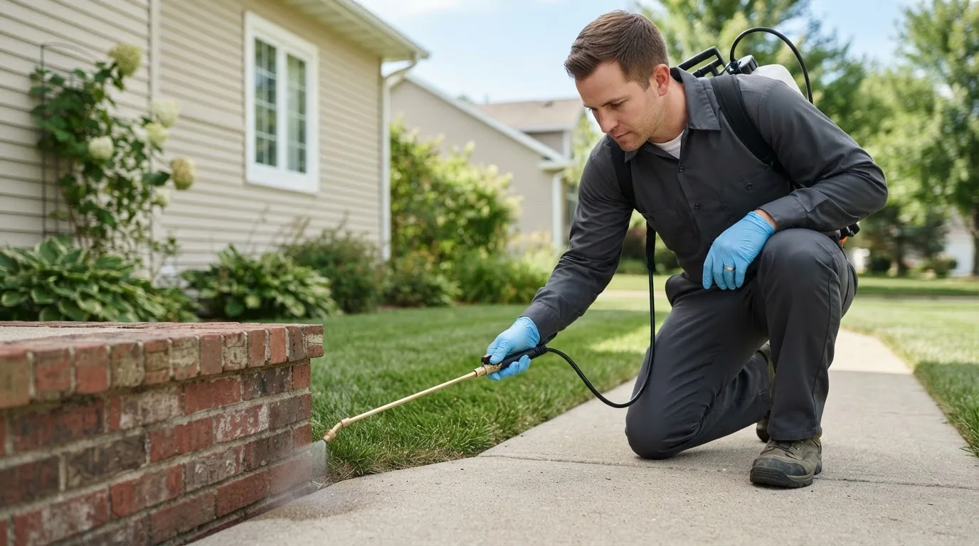 Pest control technician treating a home near Fort Oglethorpe, GA
